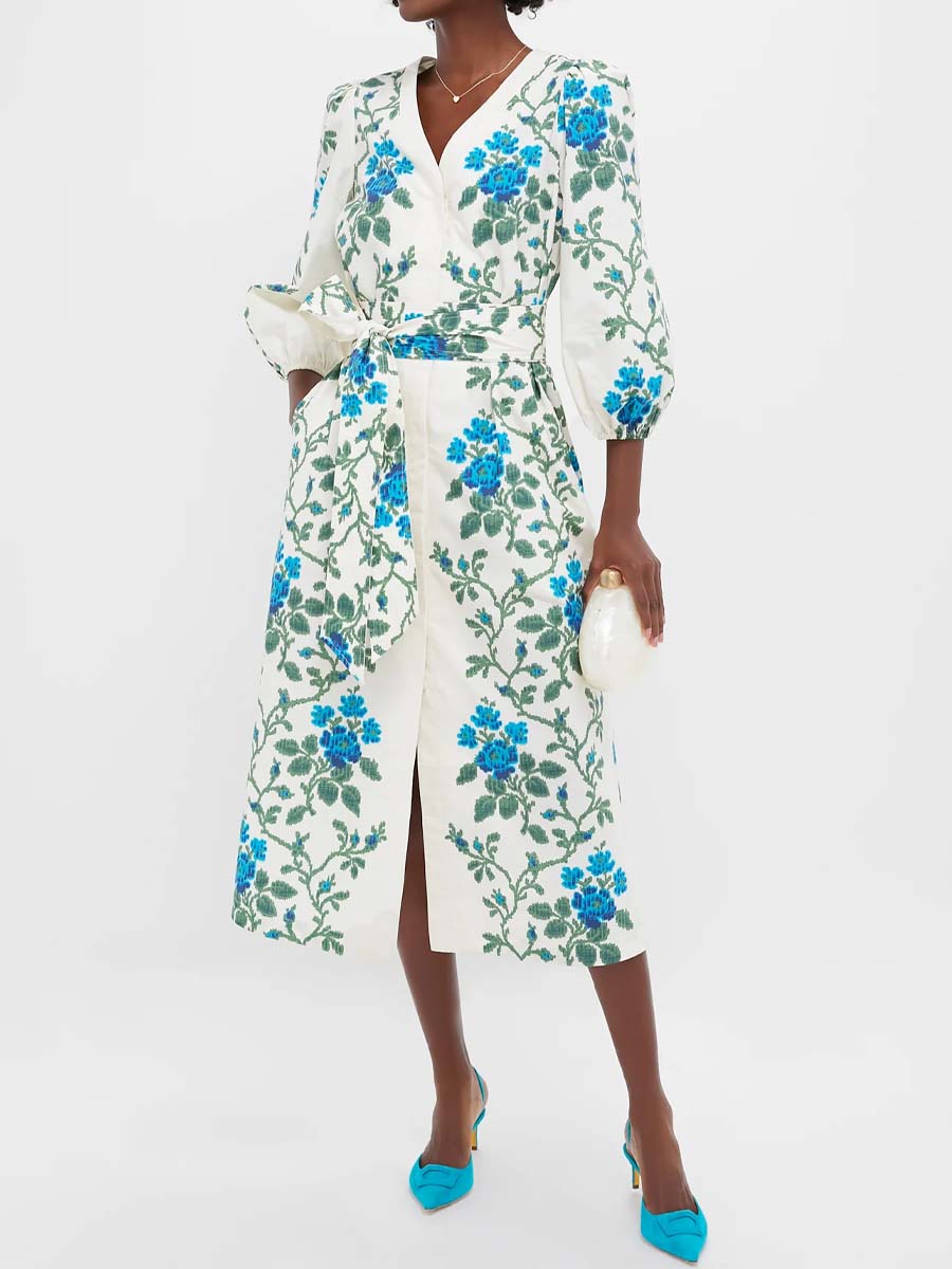 Printed V Neck Puff Sleeve Dress