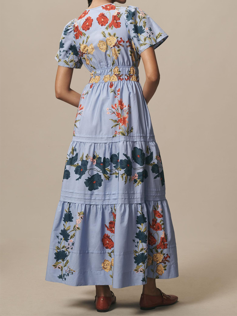 Elegant V-neck Smocked Waist Printed Dress