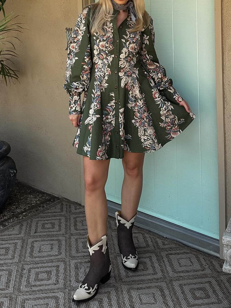 Floral Border Printed Balloon Sleeve Mini Dress