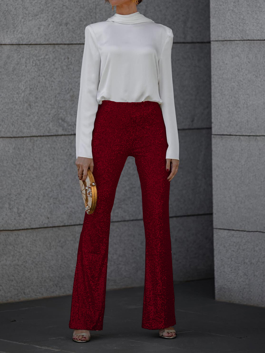 Sequined Elastic Waist Flared Pants