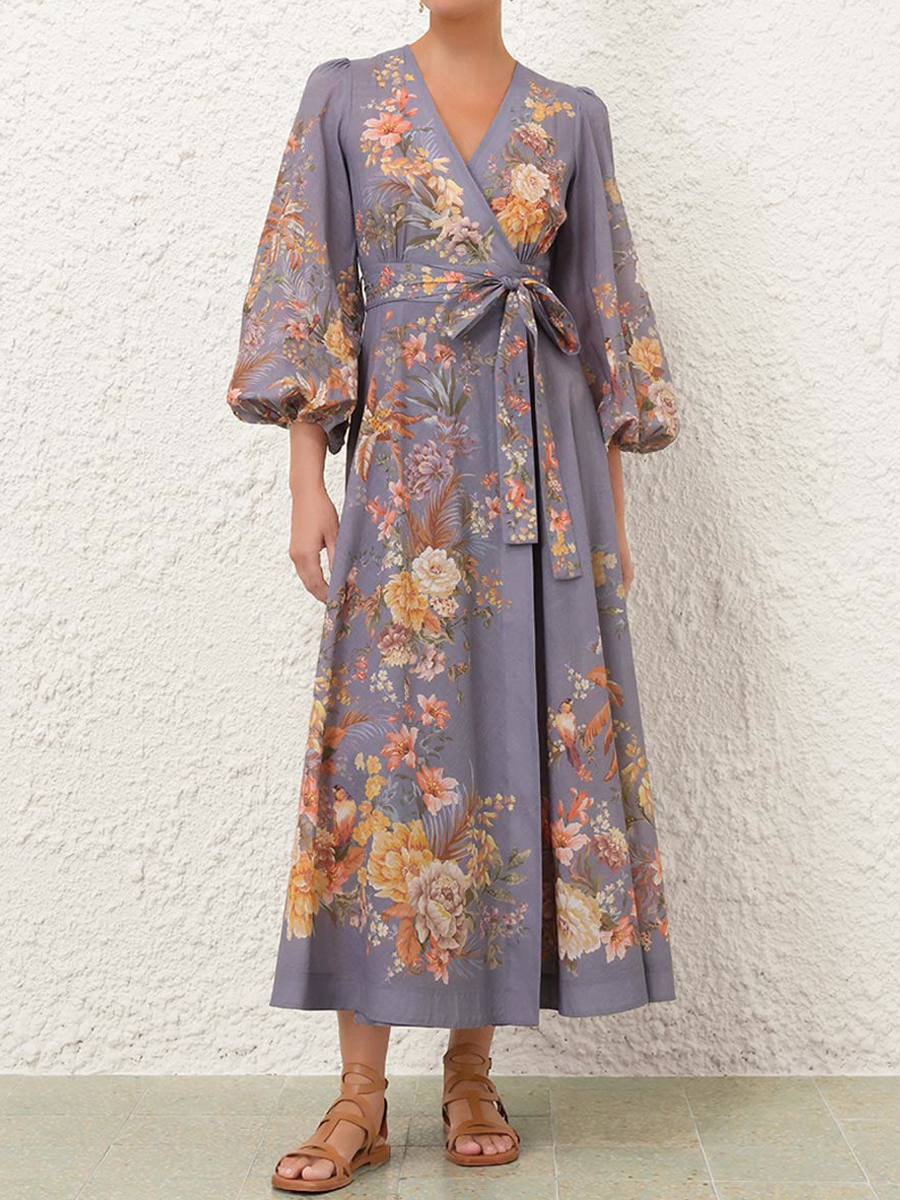 Lantern Sleeves V-neck Placement Print Dress