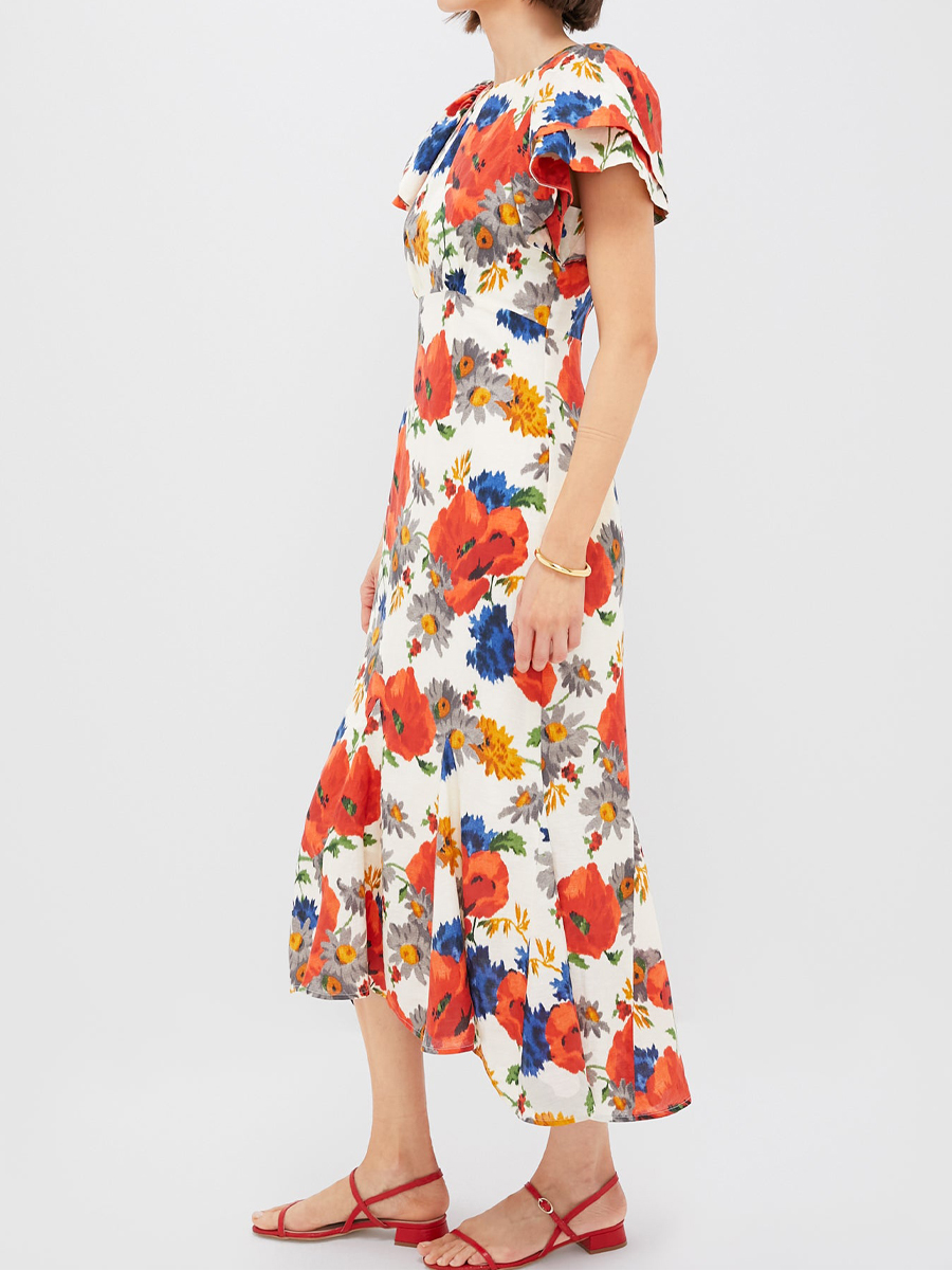 Printed Ruffled Sleeve High-low Hem Dress