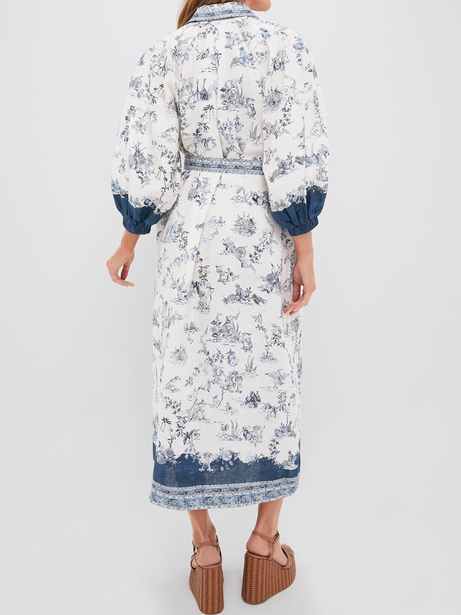 Floral Printed Puffed Sleeve Belted Dress