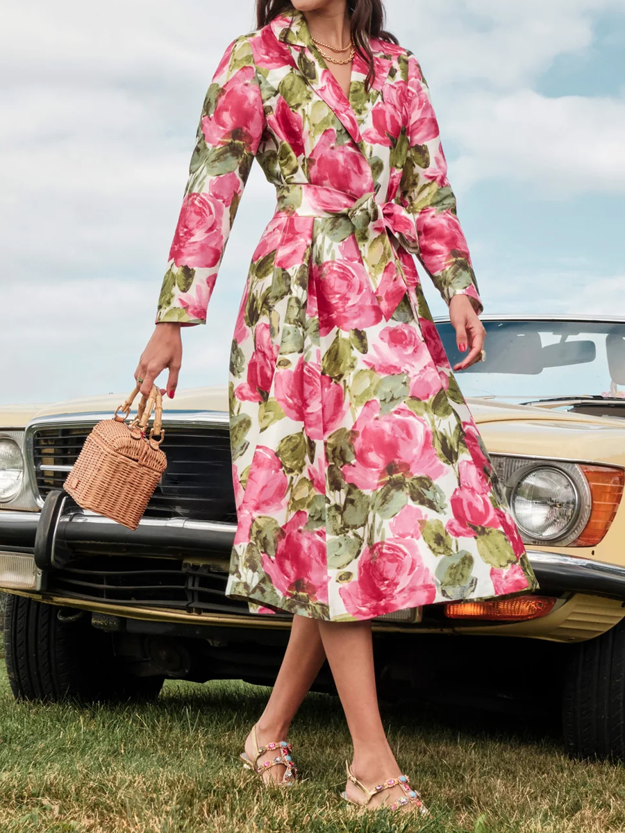 Lapel Notch Collar Printed Midi Wrap Dress