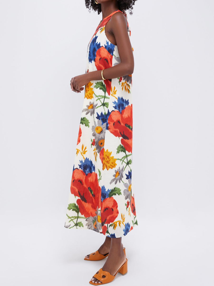 Sleeveless Bow Detail Printed Maxi Dress