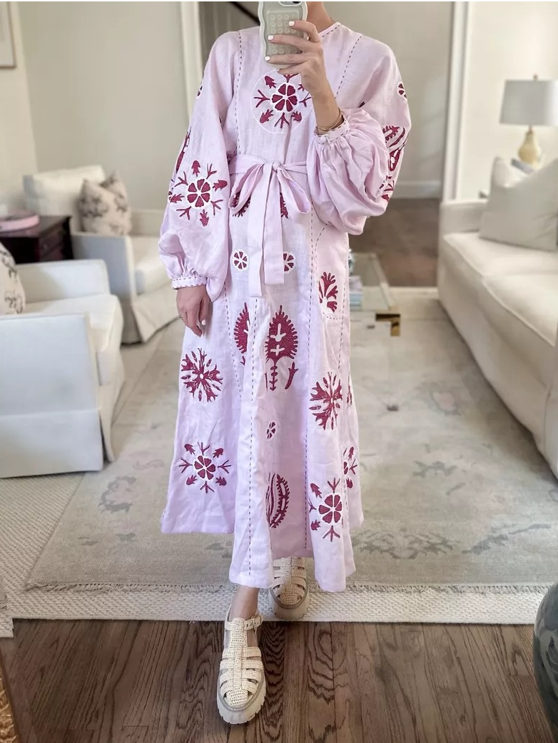 Pink Embroidered Linen Midi Dress