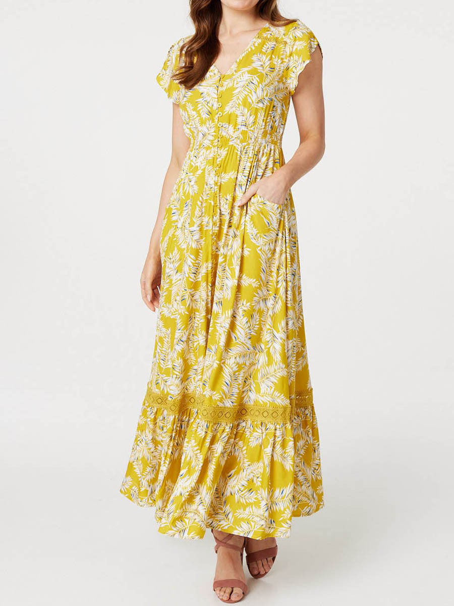 Leaf Print Lace Detail Maxi Dress