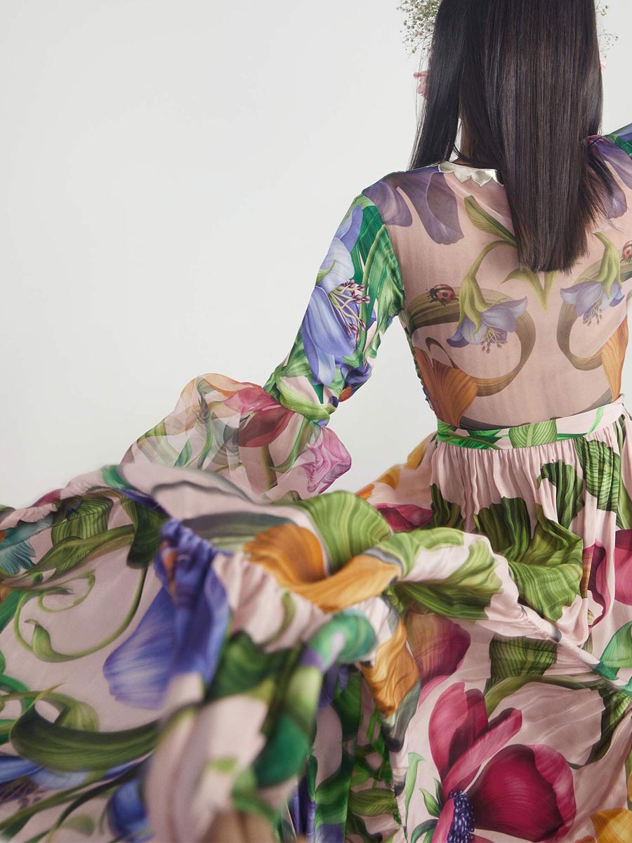 Deep V-neck Lantern Sleeve Seaside Holiday Printed One-piece Swimsuit Suit