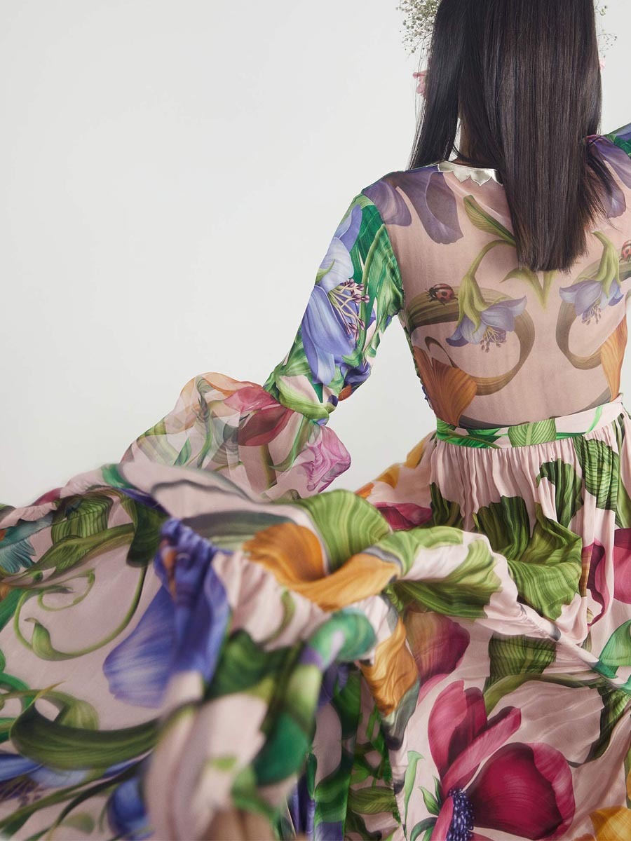 Deep V-neck Lantern Sleeve Seaside Holiday Printed One-piece Swimsuit Suit