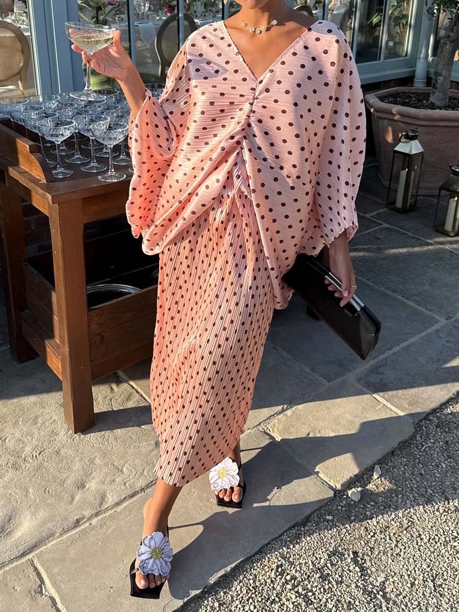 Polka Dot V Neck Pleated Dress