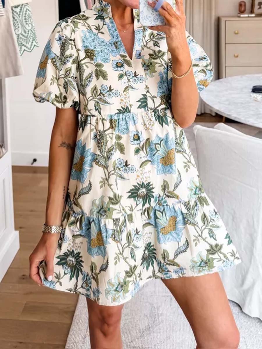 Floral Print Band Collar Flounce Hem Dress