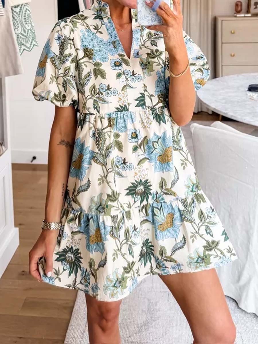 Floral Print Band Collar Flounce Hem Dress