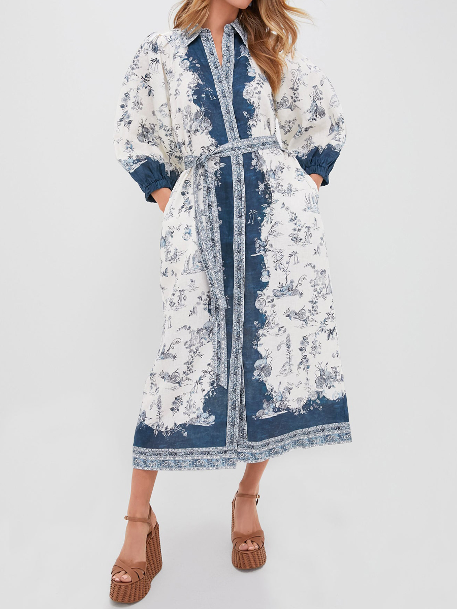 Floral Printed Puffed Sleeve Belted Dress