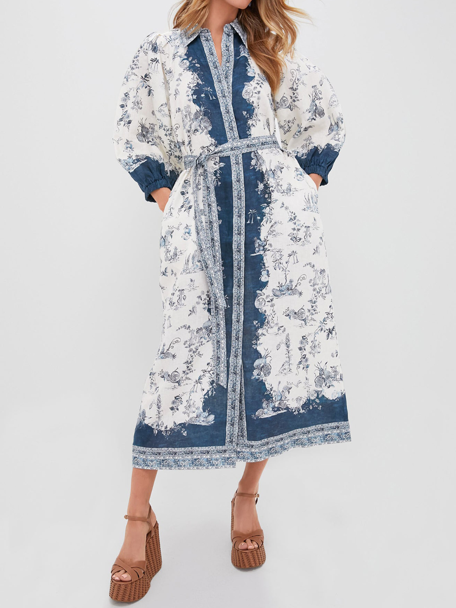 Floral Printed Puffed Sleeve Belted Dress