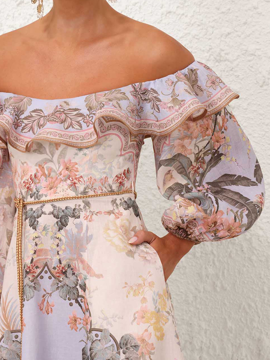 Off Shoulder Placement Print Lantern Sleeve Dress