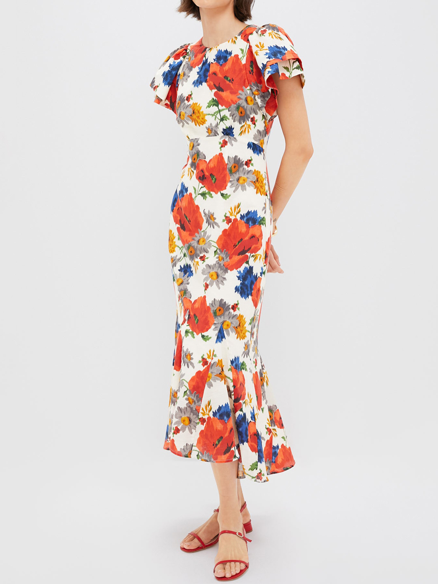 Printed Ruffled Sleeve High-low Hem Dress