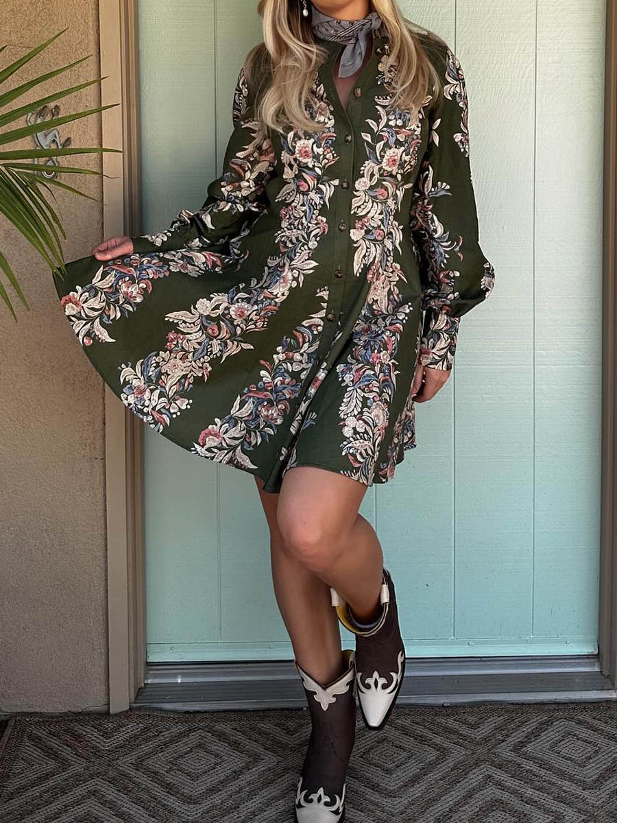 Floral Border Printed Balloon Sleeve Mini Dress