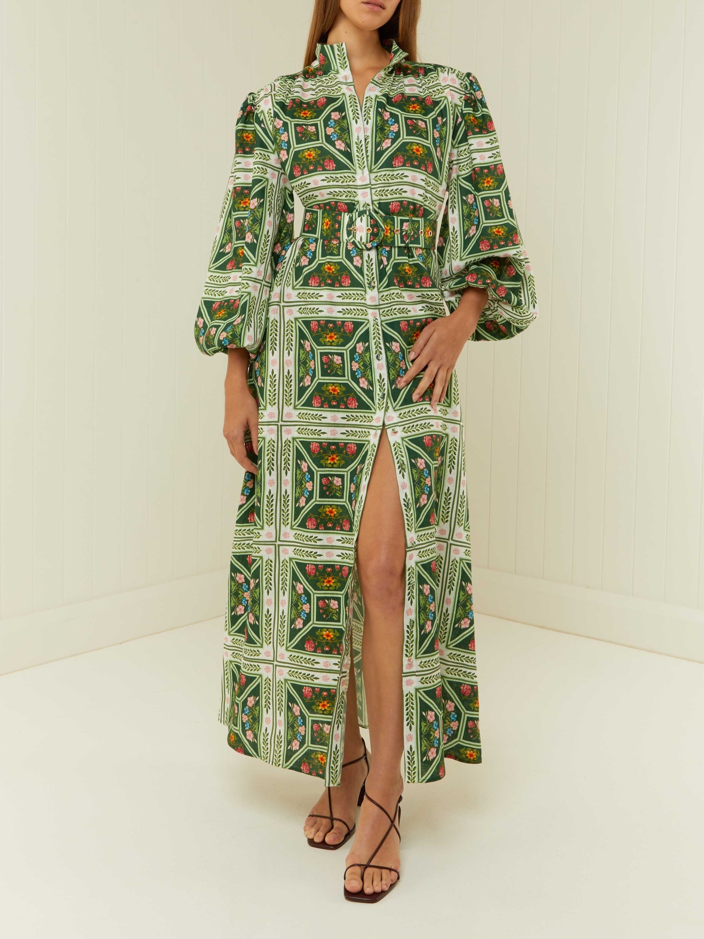 Palm Tree Printed Bubble Sleeve Long Dress With Belt