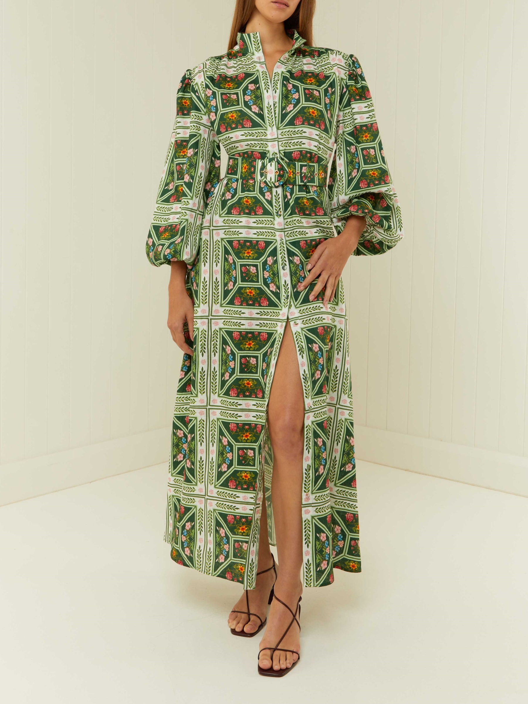 Palm Tree Printed Bubble Sleeve Long Dress With Belt