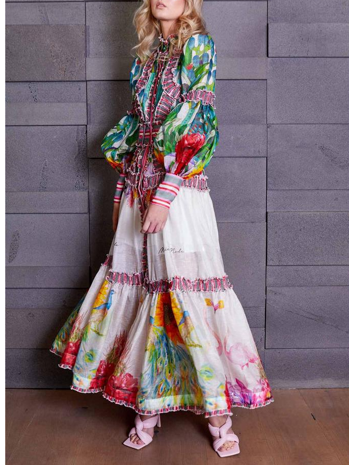 Floral Lantern Sleeve Stand Collar Ruffle Maxi Dress