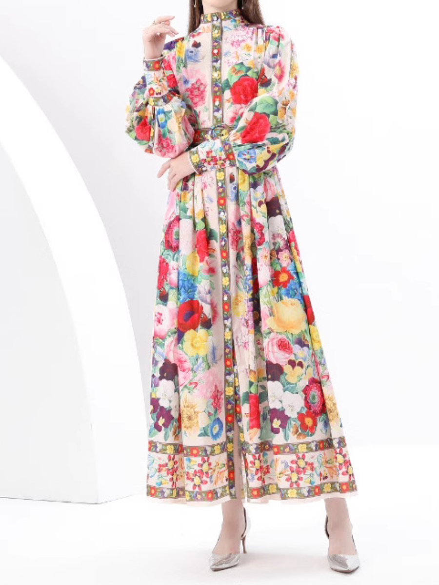 Lantern Sleeve Tight Waist Elegant Printed Dress
