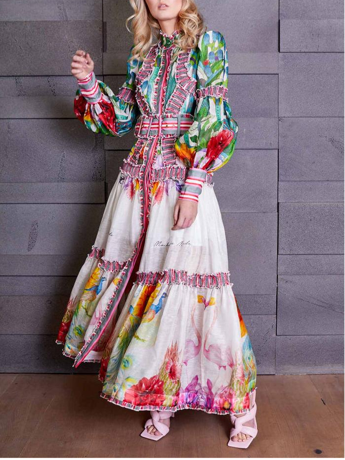 Floral Lantern Sleeve Stand Collar Ruffle Maxi Dress