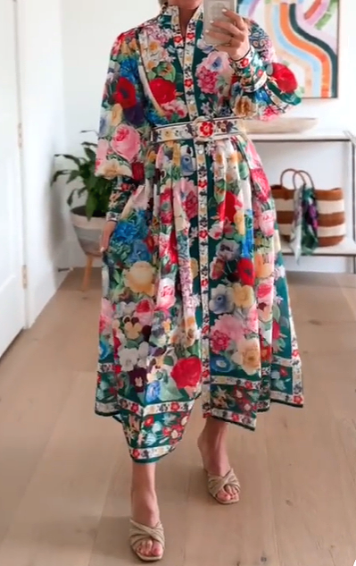 Lantern Sleeve Tight Waist Elegant Printed Dress