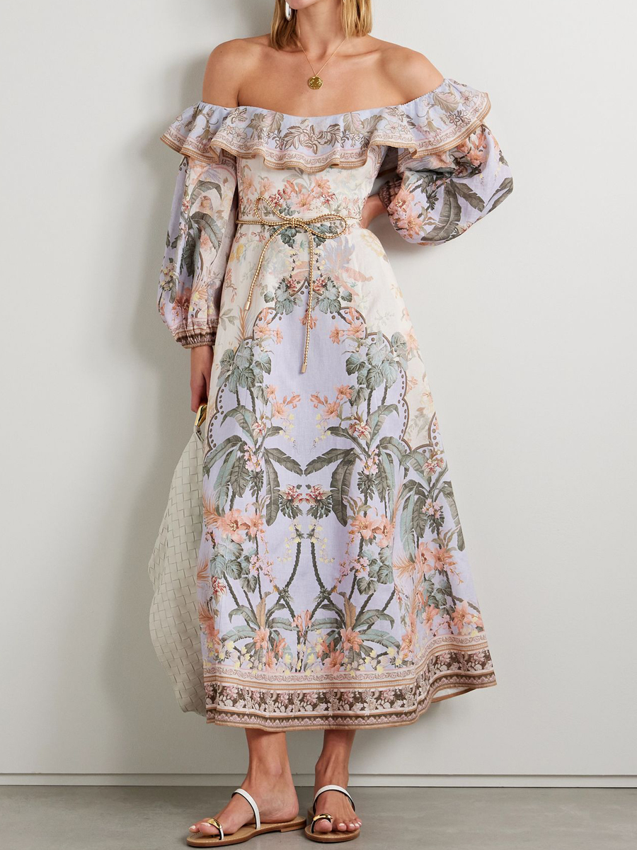 Off Shoulder Placement Print Lantern Sleeve Dress