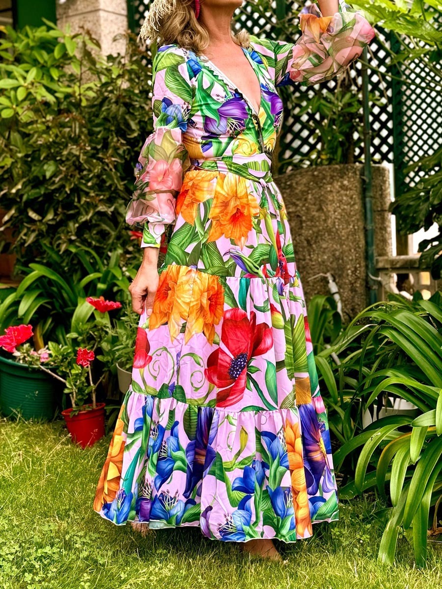 Deep V-neck Lantern Sleeve Seaside Holiday Printed One-piece Swimsuit Suit