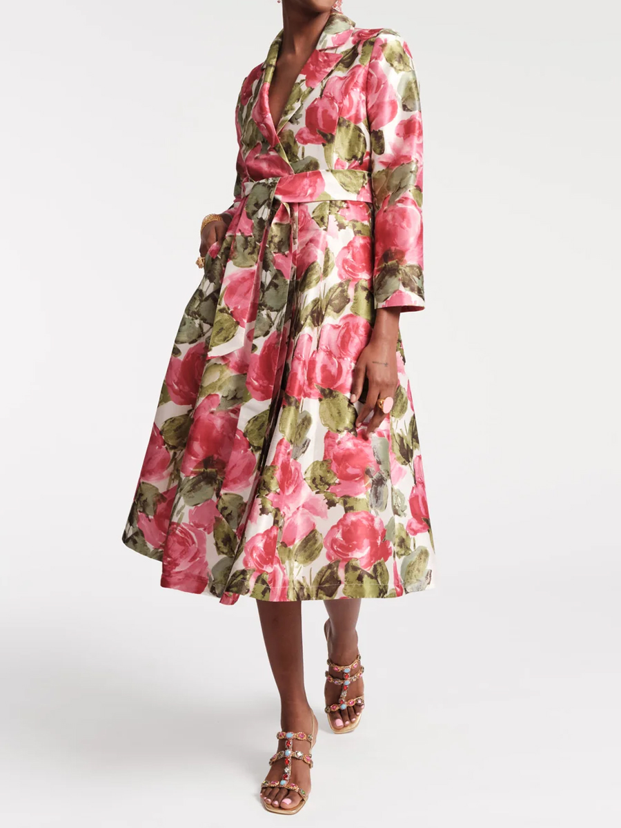 Lapel Notch Collar Printed Midi Wrap Dress