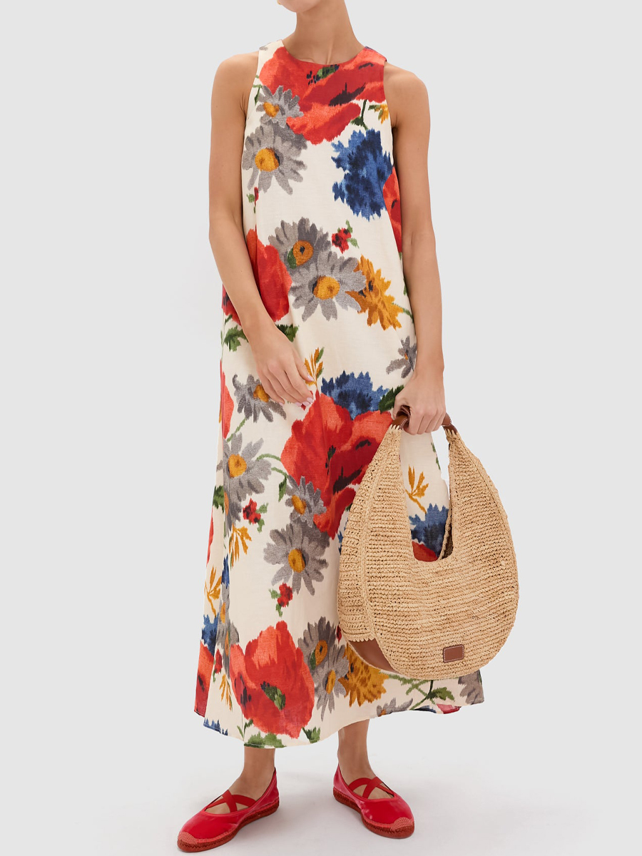 Sleeveless Bow Detail Printed Maxi Dress