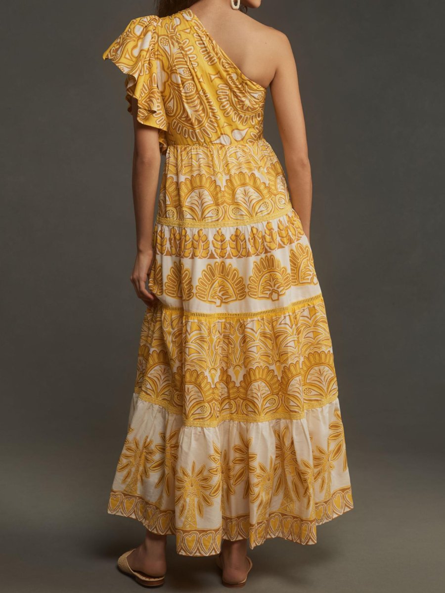 Flouced Printed One Shoulder Maxi Dress