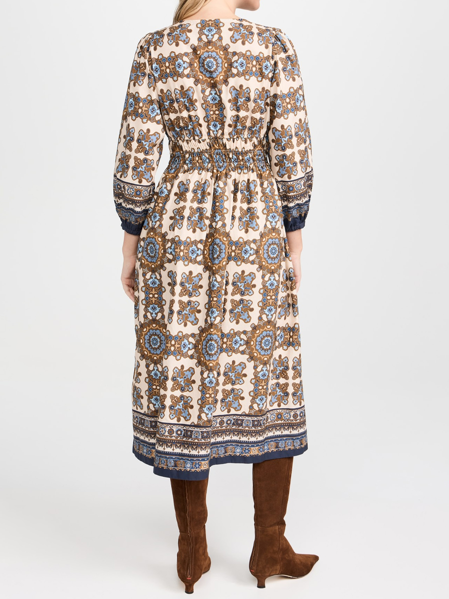 Printed V Neck Smocked Elastic Waist Dress