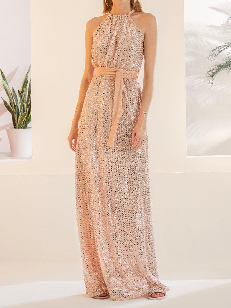 Halter Neck Sequin Party Maxi Dress