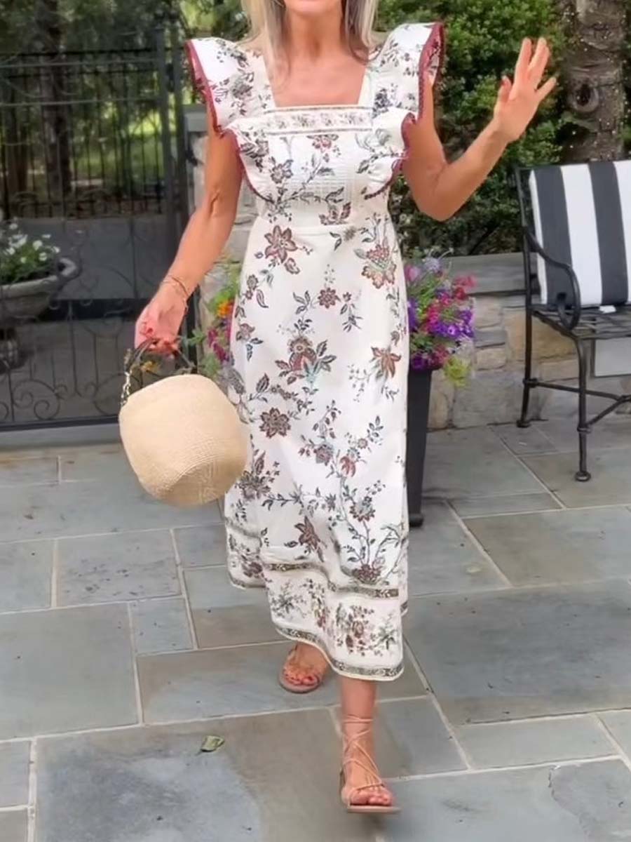 Flutter Sleeve Square Neck Printed Dress