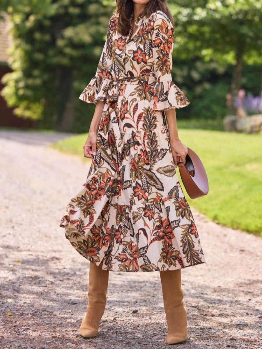 Elegant Printed Bell Sleeve Maxi Dress
