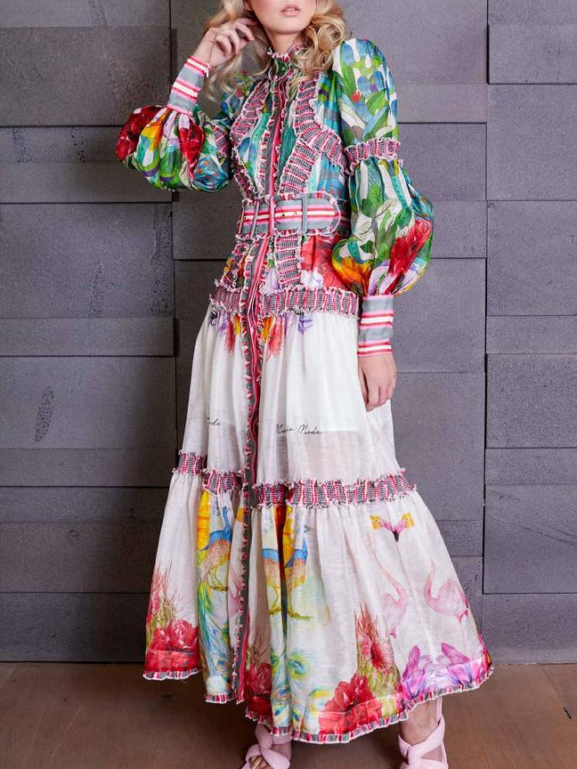 Floral Lantern Sleeve Stand Collar Ruffle Maxi Dress