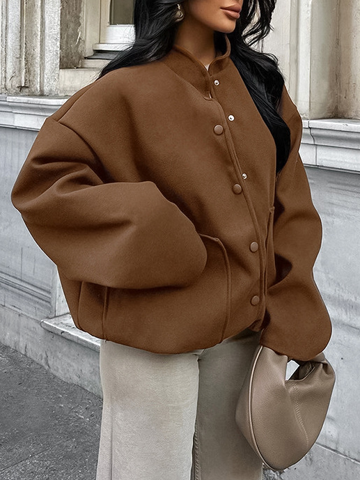 Brown Stand Collar Tweed Coat