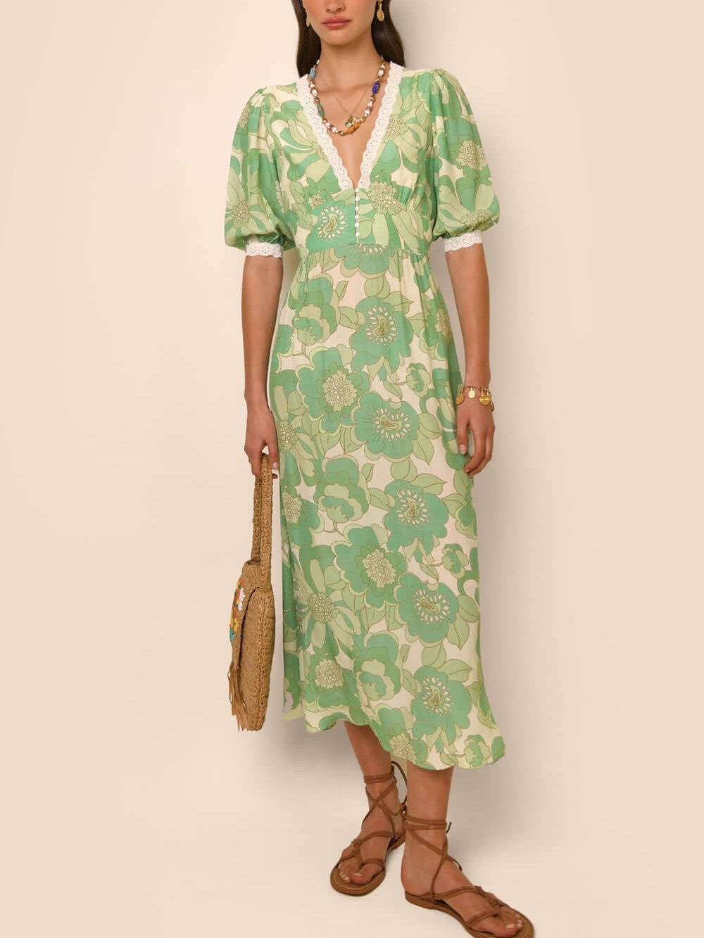 V-neck Green Print Midi Dress