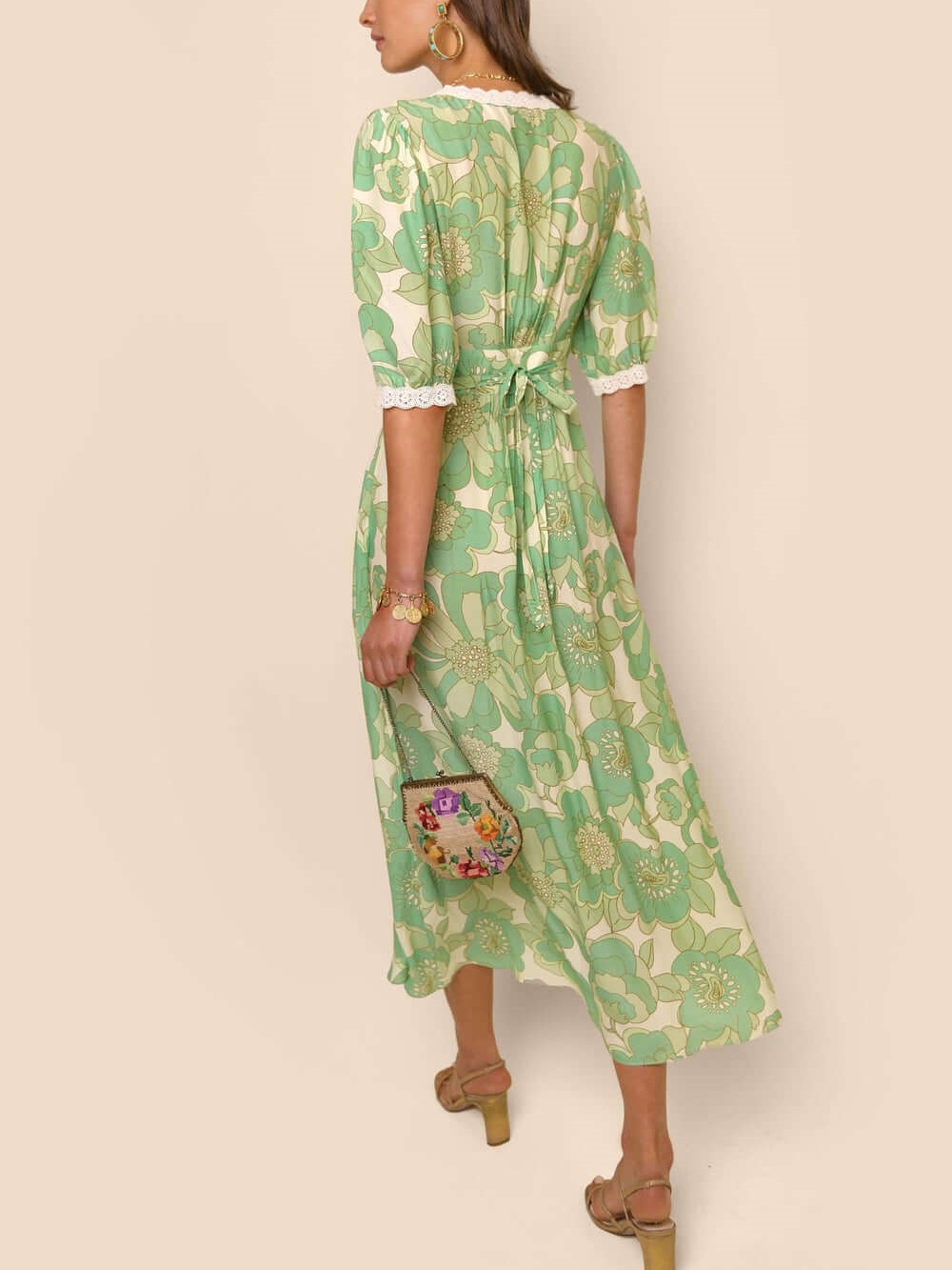 V-neck Green Print Midi Dress