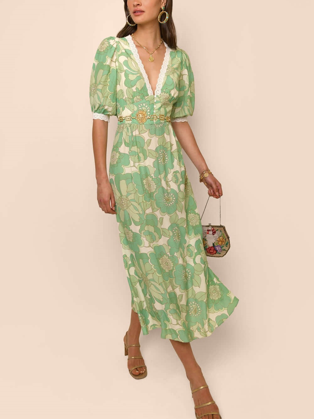 V-neck Green Print Midi Dress