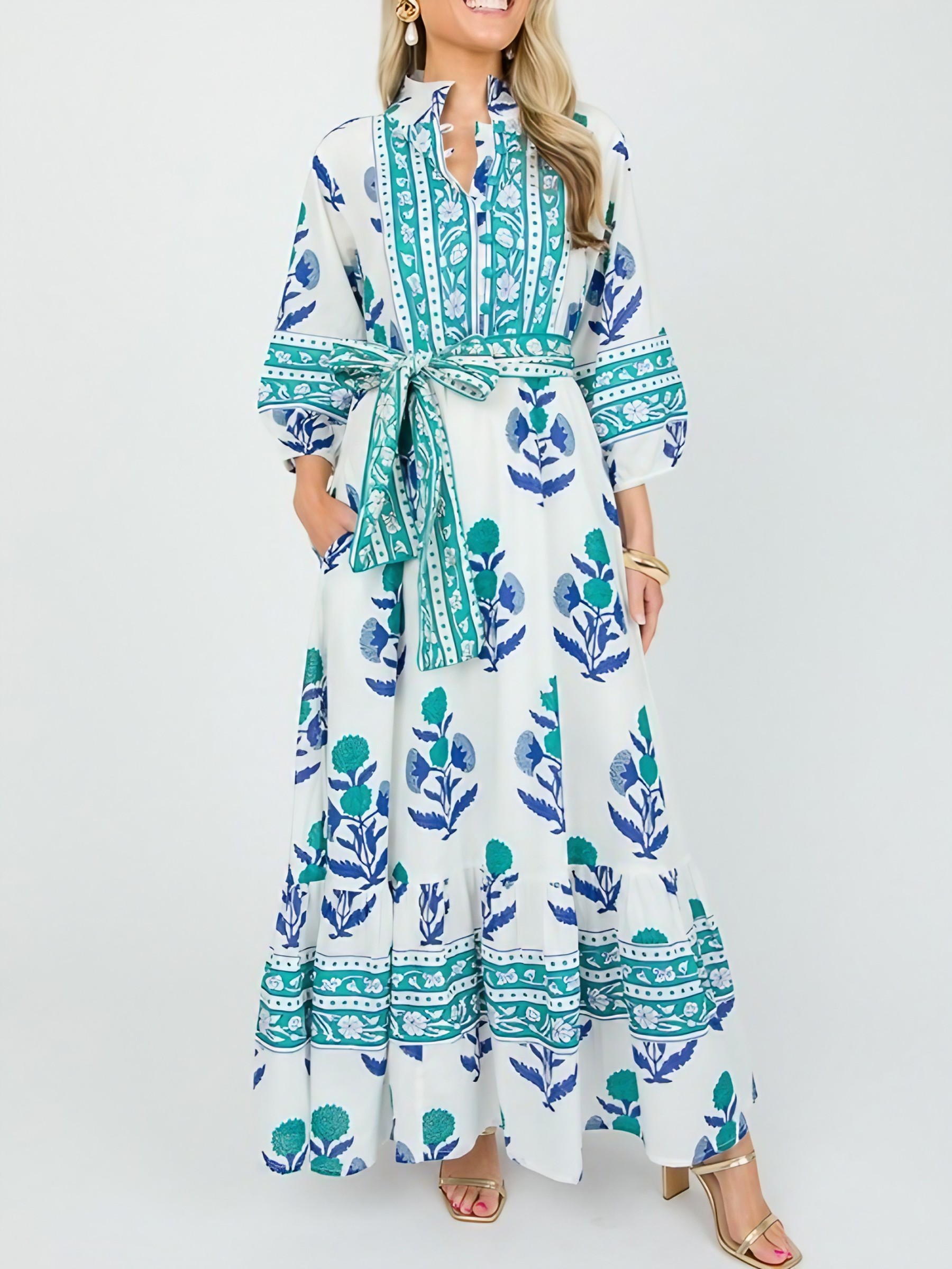 Stand Collar Button-down Waist Printed Maxi Dress