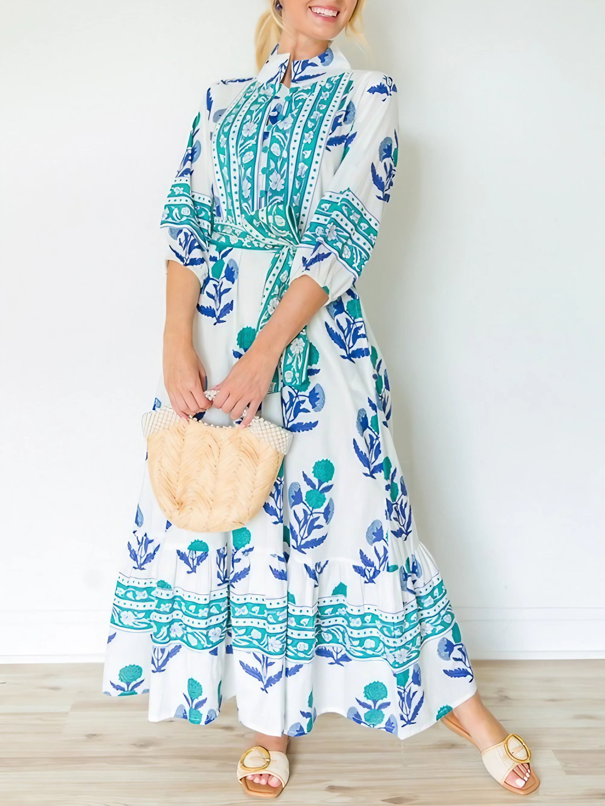 Stand Collar Button-down Waist Printed Maxi Dress