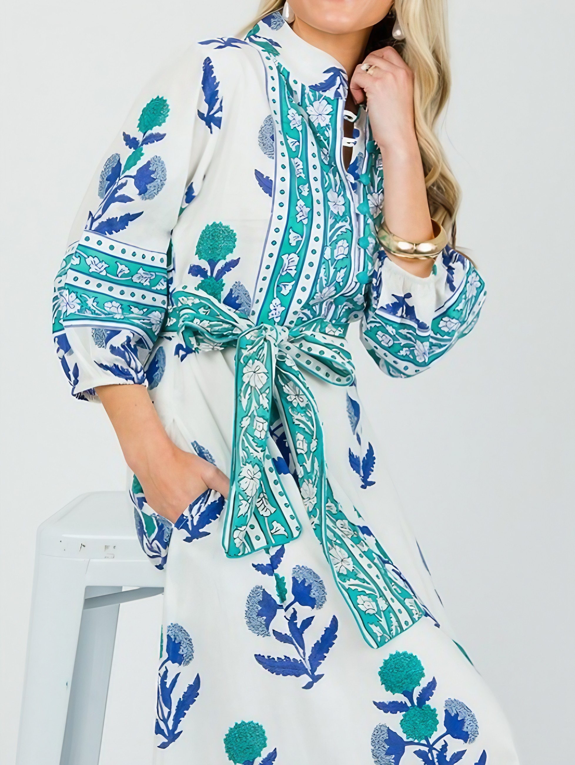 Stand Collar Button-down Waist Printed Maxi Dress