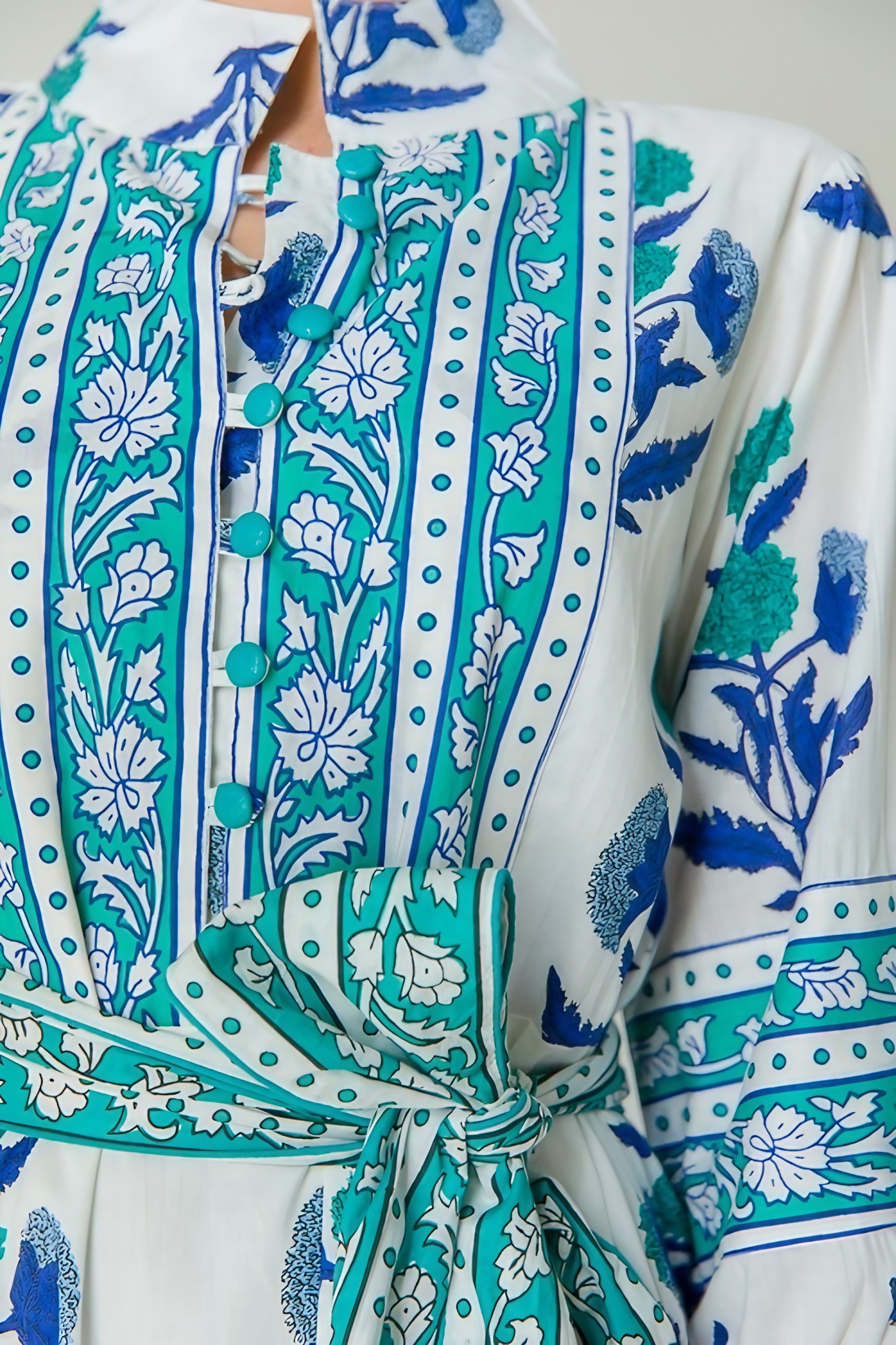 Stand Collar Button-down Waist Printed Maxi Dress