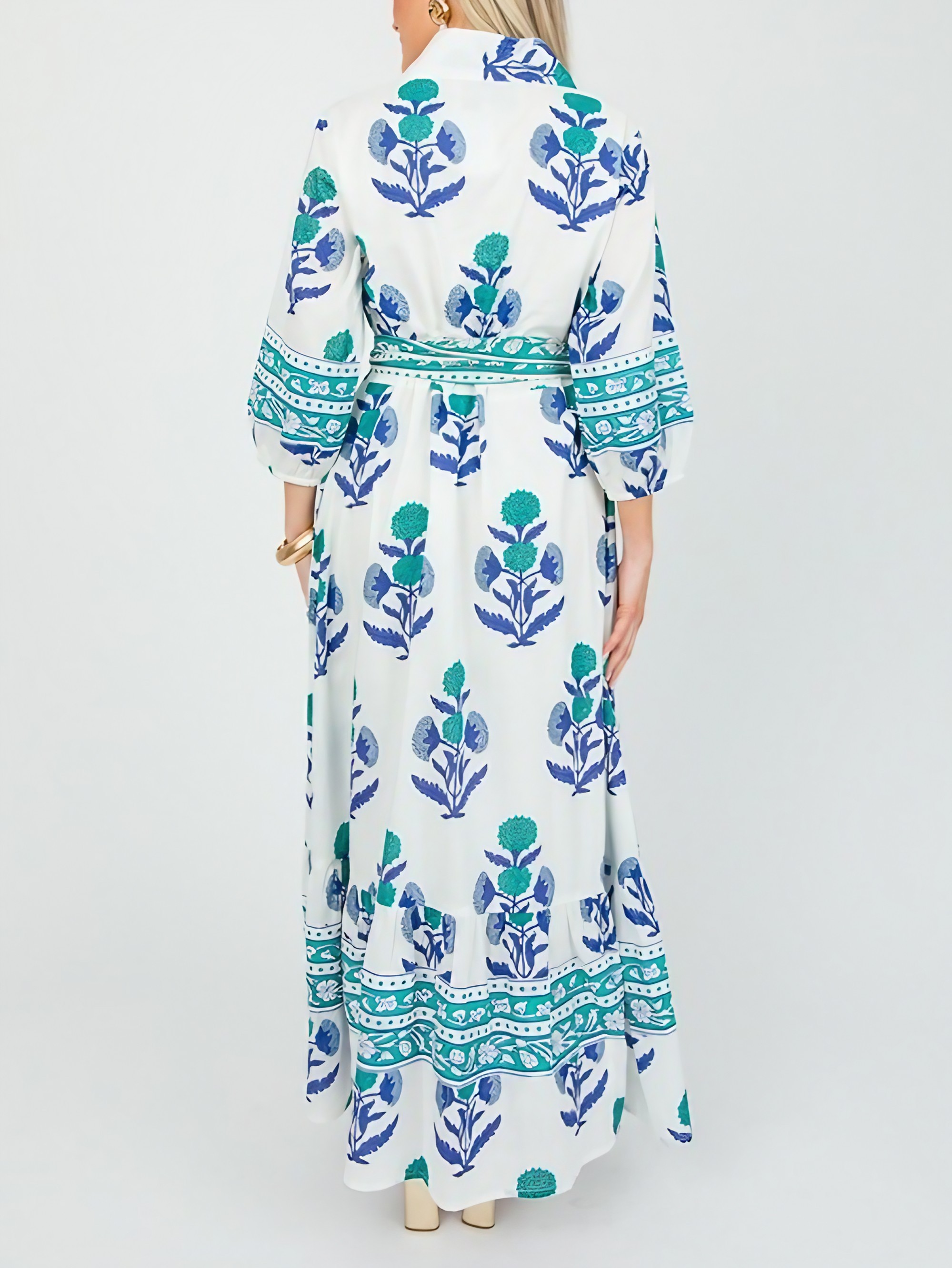Stand Collar Button-down Waist Printed Maxi Dress