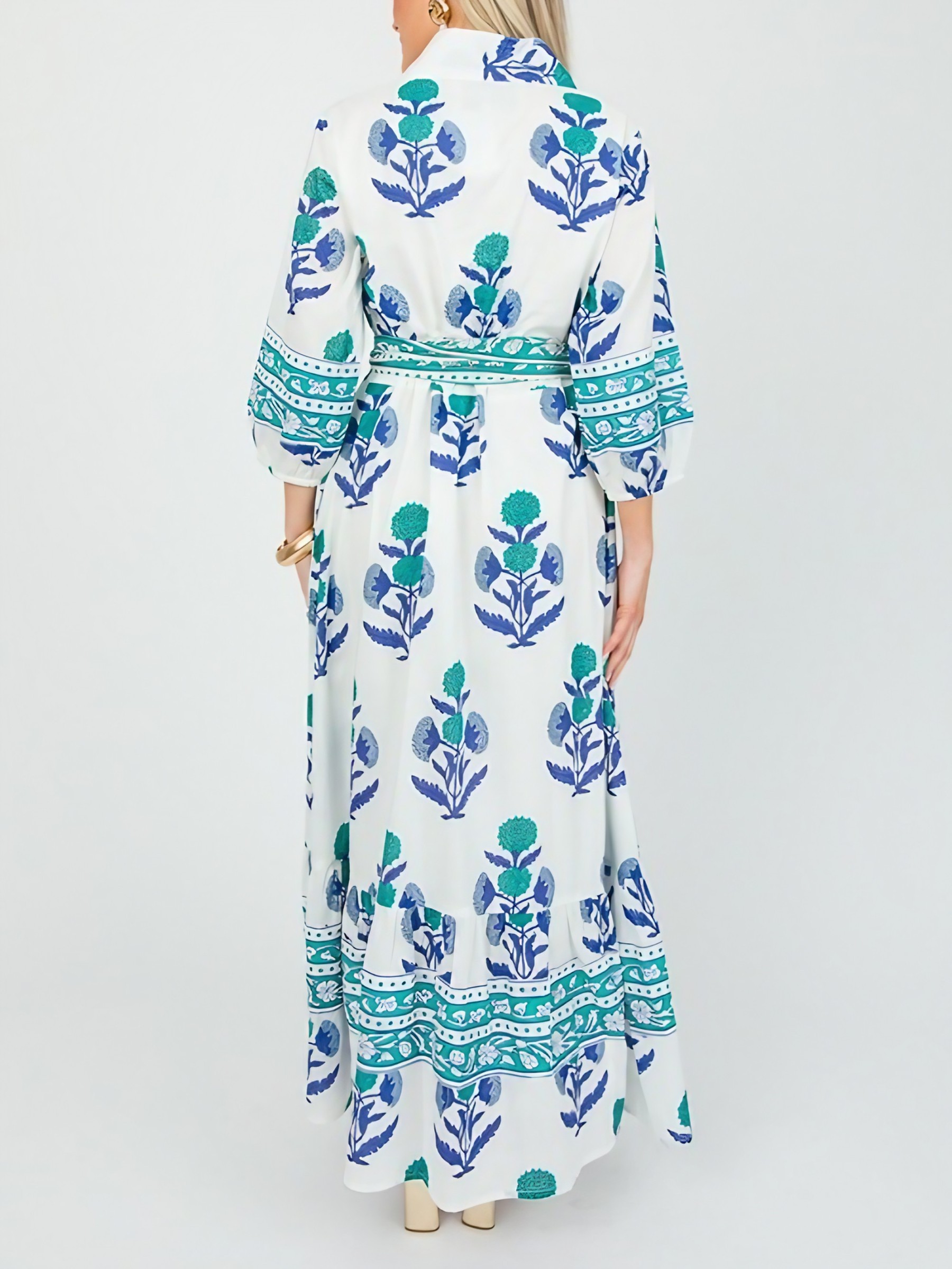 Stand Collar Button-down Waist Printed Maxi Dress