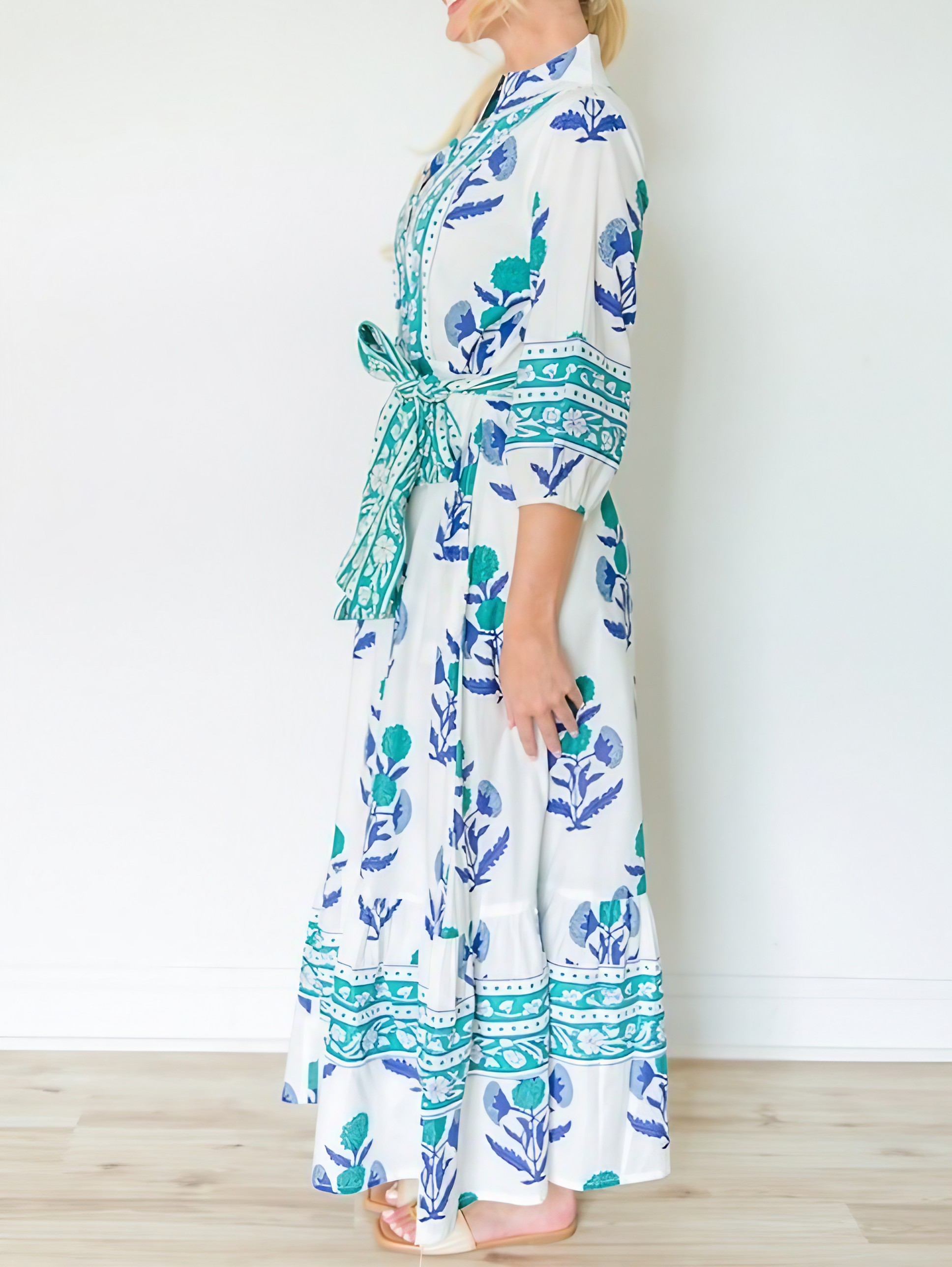 Stand Collar Button-down Waist Printed Maxi Dress