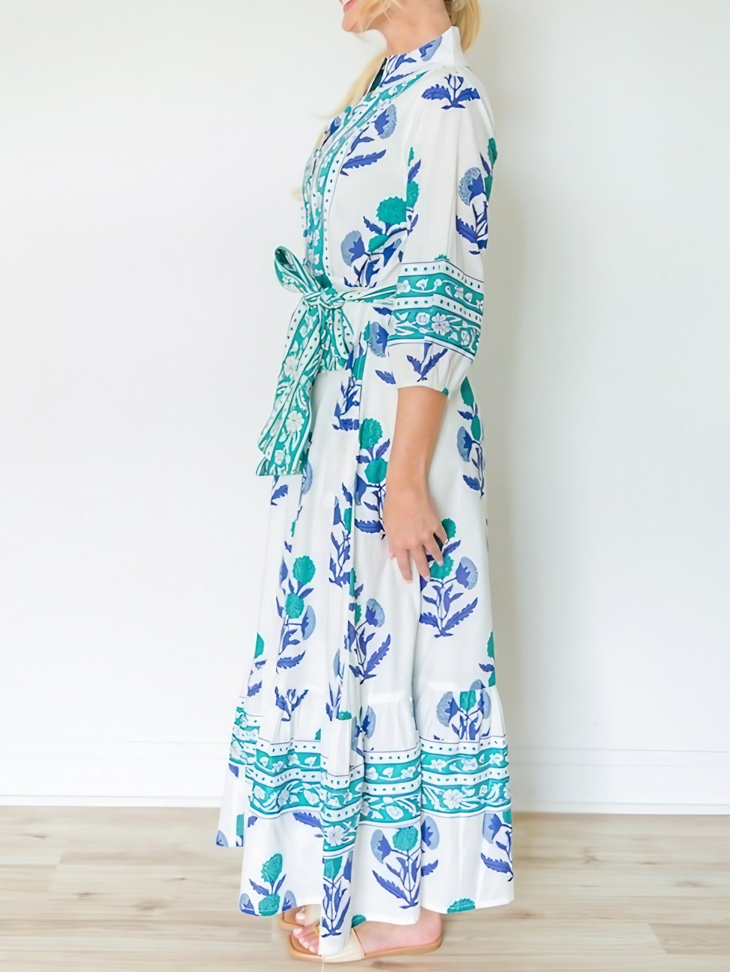 Stand Collar Button-down Waist Printed Maxi Dress