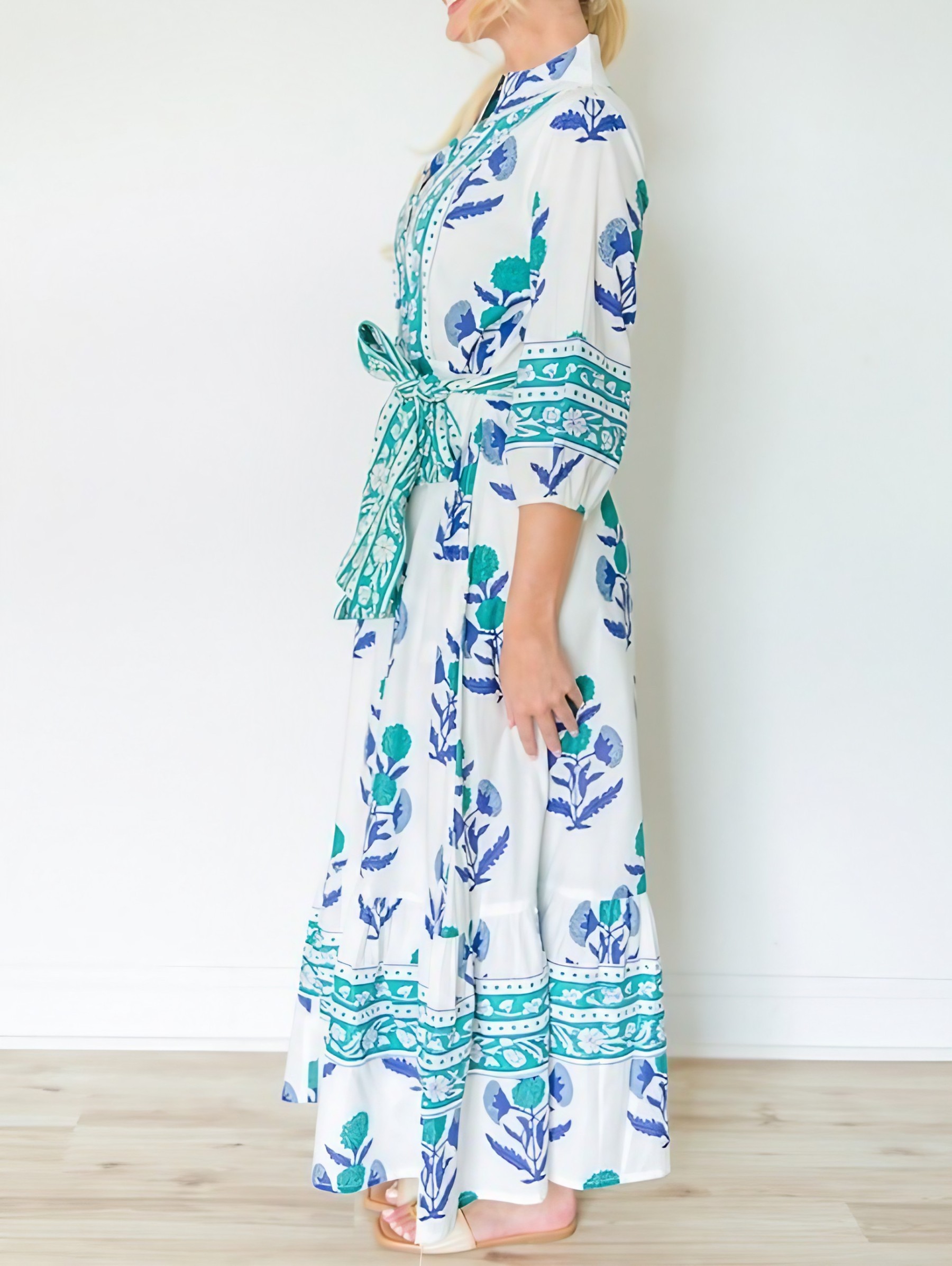 Stand Collar Button-down Waist Printed Maxi Dress